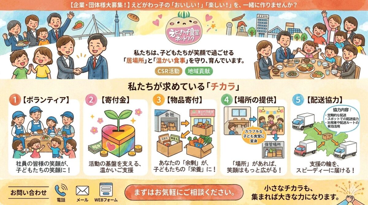 子ども食堂の支援募集案内。ボランティア等5つの支援方法を紹介